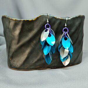 GU Earrings, Teal Anodized and Silver Aluminum Dragon Scales, Handmade - 3"
